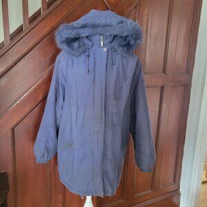 Herman Kay Womens Navy Blue Hooded Winter Parka Coat With Faux Fur Trim Medium